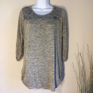 Love Delirious Maternity Sweater Gray Geometric Mesh Yoke Tunic Top L